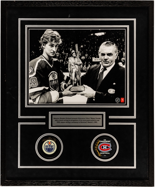 Wayne Gretzky and Maurice Richard “Most Goals Scored in One NHL Season” Signed Puck Framed Display with WGA COAs (21” x 26”) 
