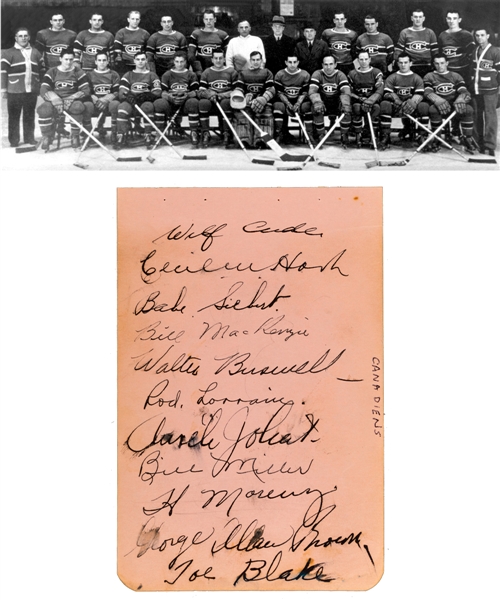 Montreal Canadiens 1936-37 Team-Signed Sheet by 11 Including Deceased HOFers Howie Morenz, Babe Siebert, Aurele Joliat and Toe Blake