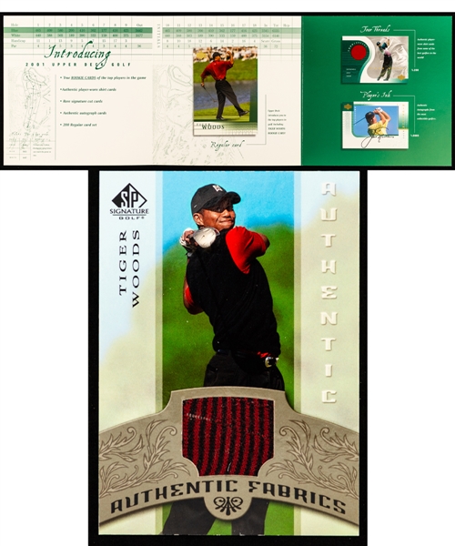 2001 Upper Deck Golf Promo Folder with Attached Tiger Woods Rookie Card, 2005 SP Signature Authentic Fabrics #AF-TW Plus Beckett Golf Collector Premiere Issue 