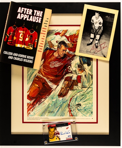 Deceased HOFer Gordie Howe Detroit Red Wings Signed Collection of 4 including 1960s Prudential “Greatest Moments” Framed Print, Group I Bee Hive and 1999-00 Upper Deck Ovation Super Signatures Card 