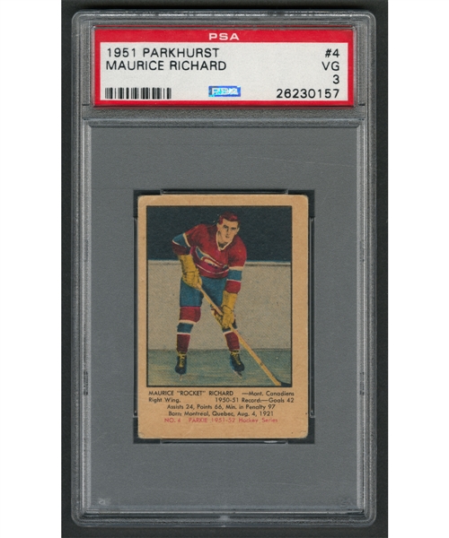 1951-52 Parkhurst Hockey Card #4 HOFer Maurice Richard Rookie - Graded PSA 3