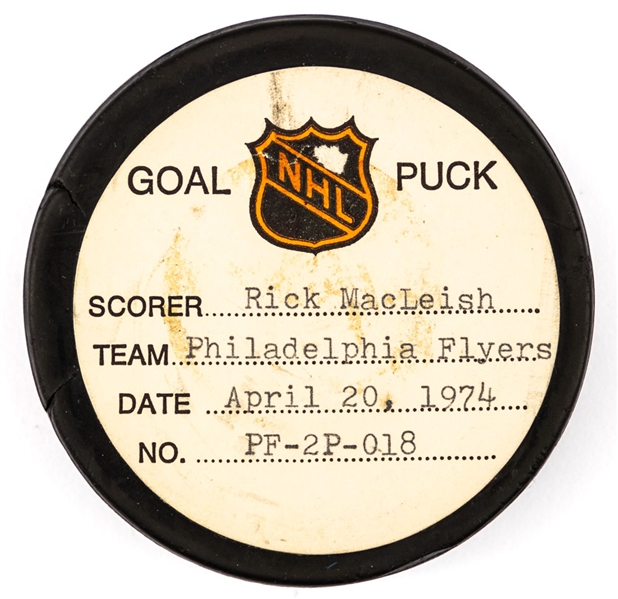 Rick MacLeish’s Philadelphia Flyers April 20th 1974 Playoff Goal Puck from the NHL Goal Puck Program - Season POG #5 of 13 / Career POG #9 of 54 - Game-Winning Goal 