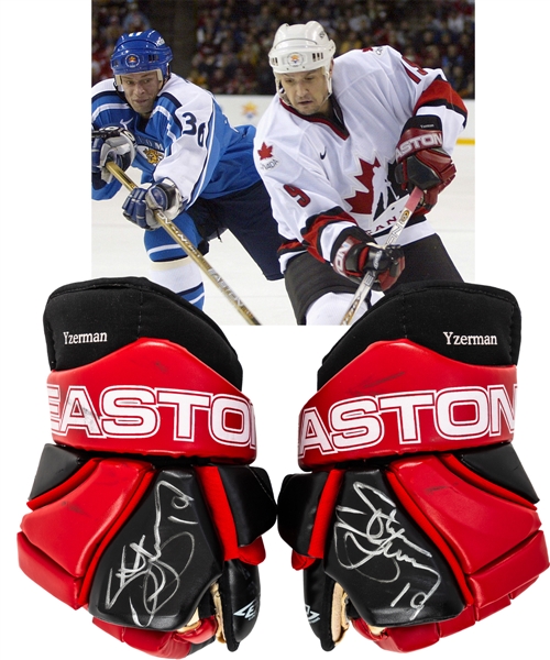 Steve Yzerman’s 2002 Salt Lake City Winter Olympics Team Canada Signed Easton Z Air Game-Used Gloves – Photo-Matched to Gold Medal Game! 