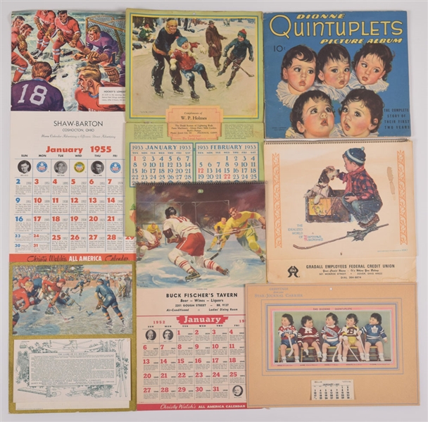 Vintage 1910s-1980s Hockey Calendar Collection of 5 Including 1937 Dionne Quintuplets Hockey Calendar