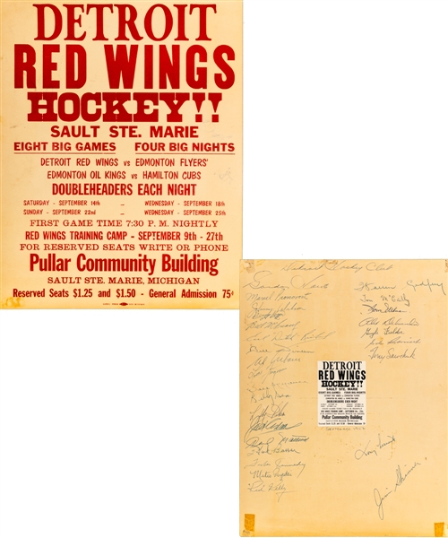 Detroit Red Wings 1957-58 Training Camp / Exhibition Matches Team-Signed Advertising Poster including Deceased HOFers Sawchuk, Howe, Pronovost, Kelly and Jack Adams (11" x 14")