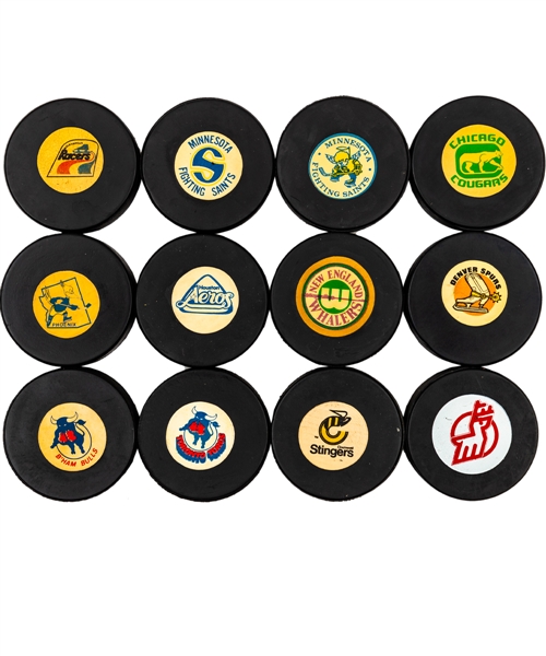 WHA 1972-79 Biltrite, Art Ross, CCM and Viceroy Game Puck Collection of 70