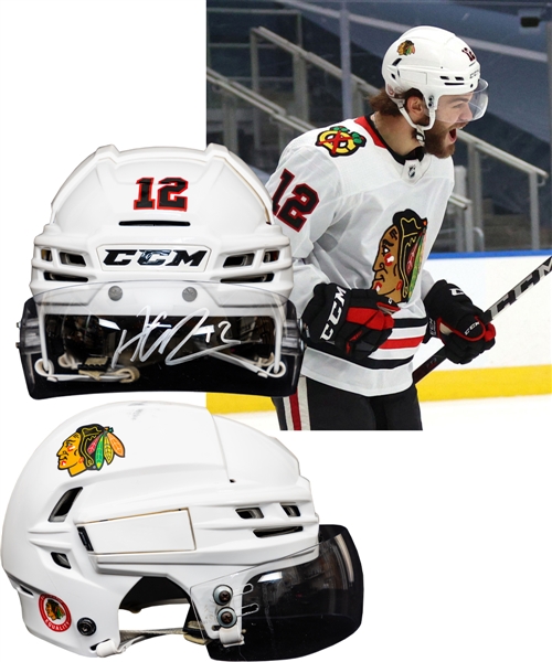 Alex DeBrincats 2019-20 Chicago Black Hawks Signed CCM Game-Worn Regular-Season and Playoffs Helmet with Team LOA - Photo-Matched! 