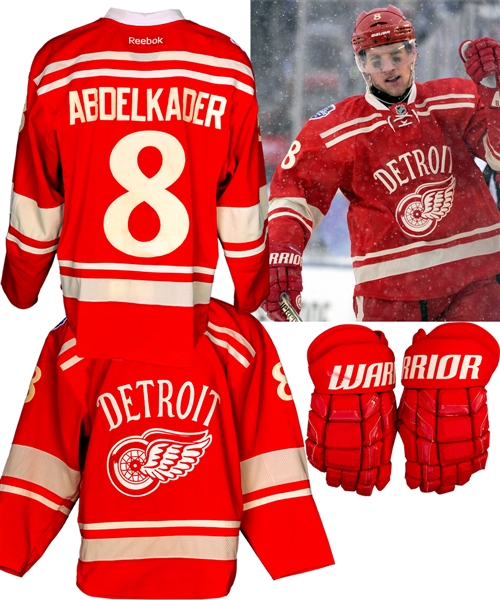 Justin Abdelkaders 2014 NHL Winter Classic Detroit Red Wings Game-Worn Jersey, Photo-Matched Bauer Helmet and Warrior Gloves Plus Locker Room Nameplate 