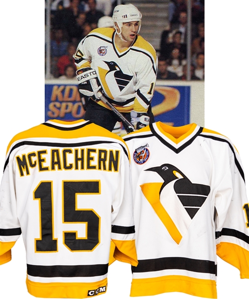 Shawn McEacherns 1992-93 Pittsburgh Penguins Game-Worn Jersey - Centennial Patch! - Numerous Team Repairs!
