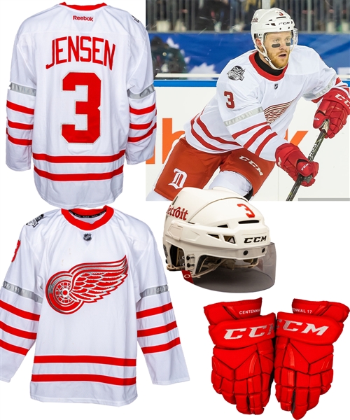 Nick Jensen’s 2017 Detroit Red Wings NHL Centennial Classic Full Uniform including Jersey, Practice Jersey, Helmet, Gloves, Socks, Photo-Matched Pants and Locker Room Nameplate - Team COA