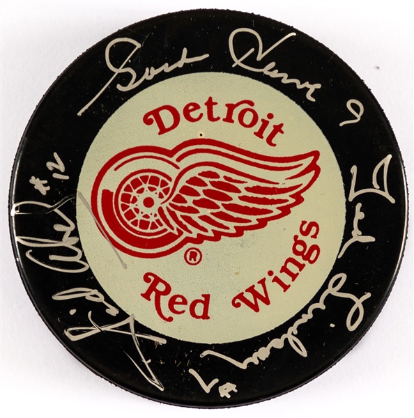 Detroit Red Wings Puck Signed by Deceased Production Line Members Howe Abel and Lindsay 