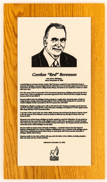 Red Berensons US Hockey Hall of Fame and State of Michigan Hall of Fame Induction Plaques with His Signed LOA