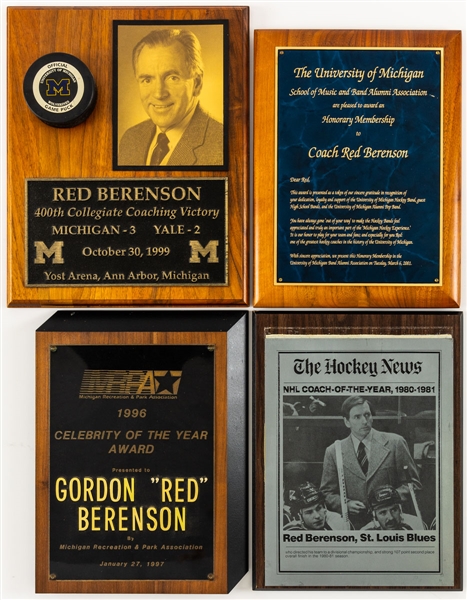 Red Berensons Hockey Awards (4) Including 1980-81 The Hockey News NHL Coach of the Year Plaque and 1999 University of Michigan 400th Collegiate Coaching Victory Plaque with His Signed LOA