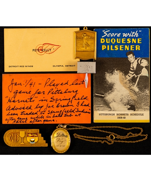 Pete Kellys Memorabilia Collection Including 1937 MPGA Golf Champion 10K Gold Medal, Vintage Detroit Red Wings Business Card Plus Pittsburgh Hornets 1940-41 Player ID Card and 1939-40 Schedule 