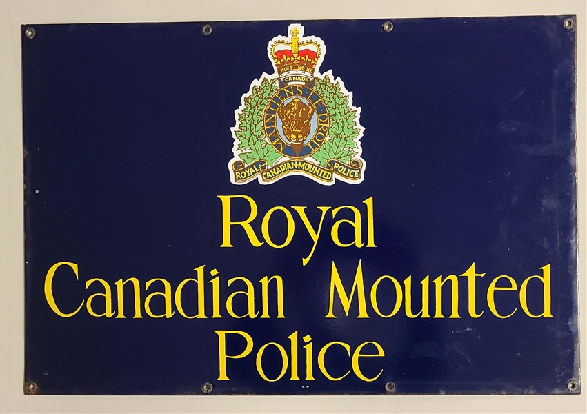 Vintage RCMP (Royal Canadian Mounted Police) Porcelain Sign from Shelburne Nova Scotia (15 ½” x 23”) 