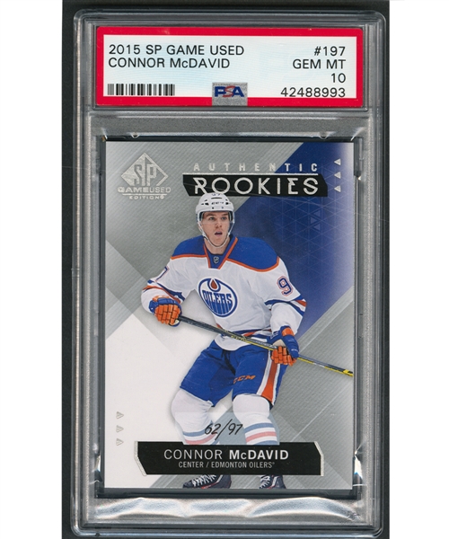 2015-16 Upper Deck SP Game Used Hockey Card #197 Connor McDavid Rookie (62/97) - Graded PSA GEM MT 10