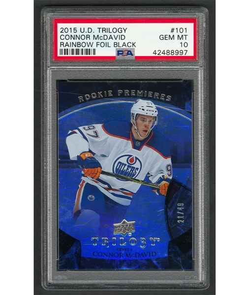 2015-16 Upper Deck Trilogy Rainbow Foil Black Hockey Card #101 Connor McDavid Rookie (21/49) - Graded PSA GEM MT 10 - Pop 2 - Highest Graded!