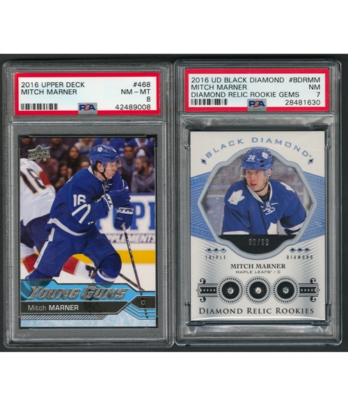 2016-17 Black Diamond Diamond Relic Rookies Hockey Card #BDRMM Mitch Marner Rookie (90/99) (Graded PSA 7) and 2016-17 Upper Deck Young Guns #468 Mitch Marner Rookie (Graded PSA 8)