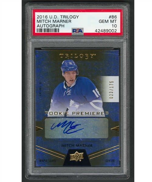 2016-17 Upper Deck Trilogy Rookie Premieres Level 2 Hockey Card #86 Mitch Marner Rookie Autograph (023/175) - Graded PSA GEM MT 10 