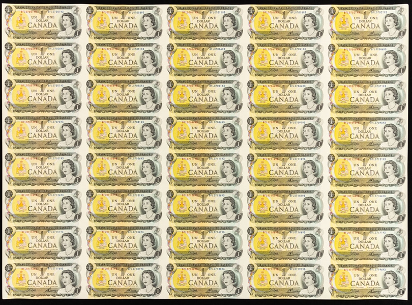 Uncirculated 1973 Bank of Canada Uncut Sheet of 40 $1 Bills 