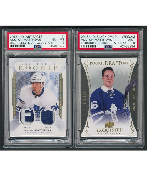 2016-17 Artifacts Rookie Relic Redemption Gold Spectrum Card #I Auston Matthews (49/49)(PSA 8) & 2016-17 Exquisite Collection Rookie Draft Day Card #RDD-AM Auston Matthews (163/199)(PSA 9)