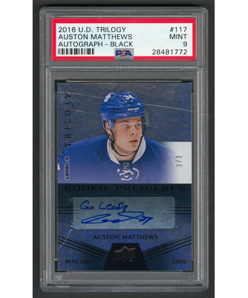 2016-17 Upper Deck Trilogy Rookie Premieres Level 3 Hockey Card #117 Auston Matthews Autograph-Black (3/3) - Graded PSA 9