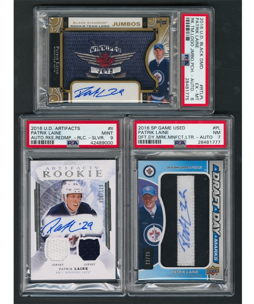 Patrik Laine Autograph Hockey Cards (3) Including 2016-17 Black Diamond Team Logo Rookie Jumbos #RTL-PL (01/25)(PSA 6) and 2016-17 SP Game Used Draft Day Marks #PL Autograph (23/35) (PSA 7) – All Pop