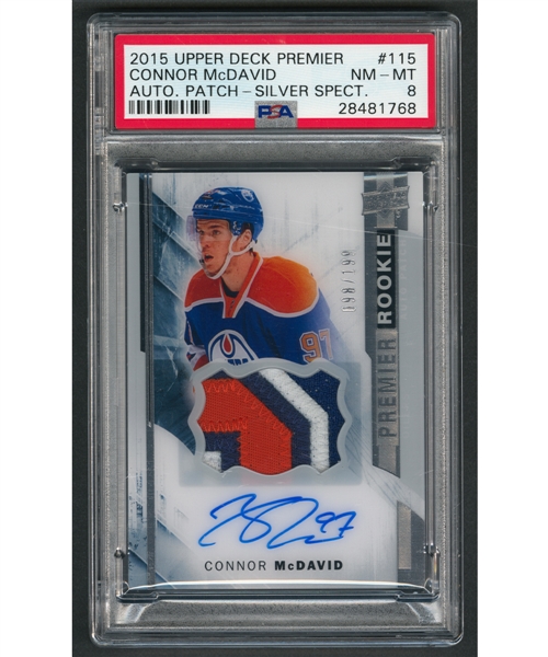 2015-16 Upper Deck Premier Hockey Card #115 Connor McDavid Rookie Autograph/Patch (098/199) - Graded PSA 8