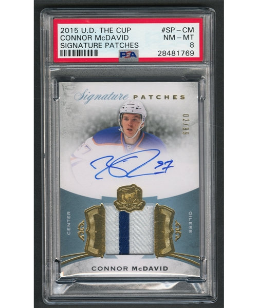 2015-16 Upper Deck The Cup Signature Patches Hockey Card #SP-CM Connor McDavid Rookie Autograph/Patch (02/99) - Graded PSA 8