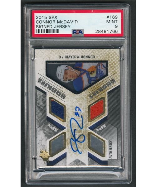 2015-16 Upper Deck SPx Auto Jersey Hockey Card #169 Connor McDavid Rookie Autograph/Patch (378/399) - Graded PSA 9