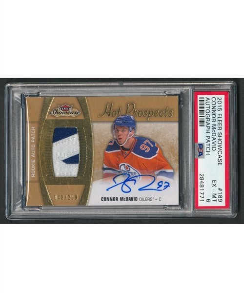 2015-16 Fleer Showcase Hot Prospects Hockey Card #189 Connor McDavid Rookie Autograph/Patch (048/299) - Graded PSA 6