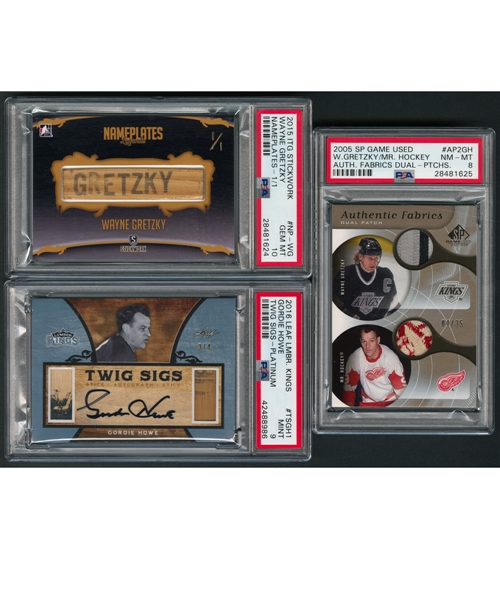 2015-16 ITG Stickwork Nameplates #NP-WG Wayne Gretzky (1/1)(PSA 10), 2005-06 SP Game Used Dual Patch #AP2-GH Gretzky/Howe (04/35)(PSA 8) and 2016-17 Leaf Twig Sigs #TS-GH1 Gordie Howe (3/4)(PSA 9)