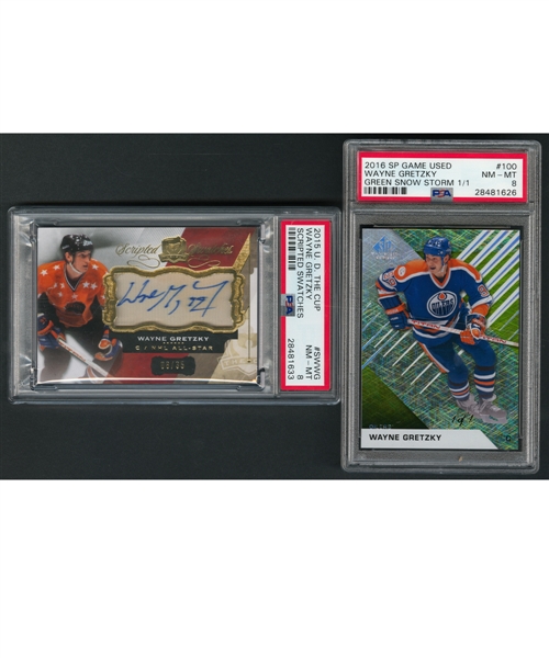 2015-16 Upper Deck The Cup Scripted Swatches Hockey Card #SW-WG Wayne Gretzky Autograph/Patch (08/35)(PSA 8) and 2016-17 Upper Deck SP Game Used #100 Wayne Gretzky Green Snow Storm (1/1)(PSA 8)