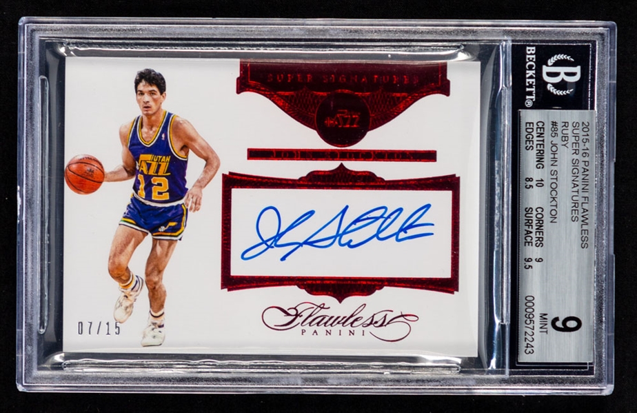 2015-16 Panini Flawless Super Signatures Basketball Card #SS-JST John Stockton Ruby (07/15) - Graded Beckett 9