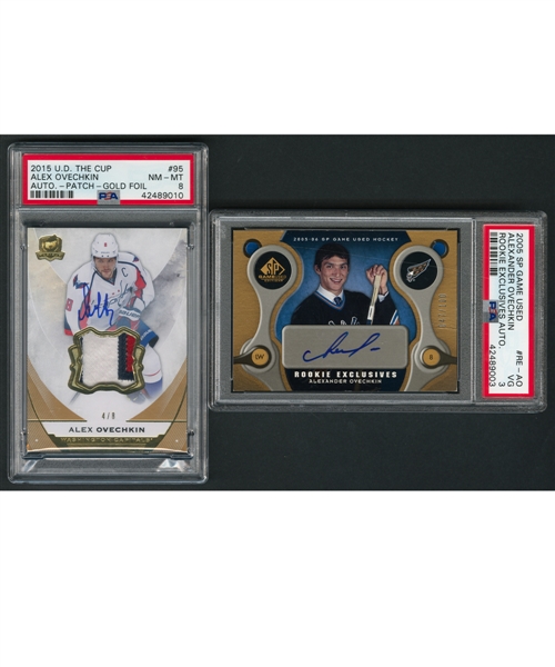 2015-16 Upper Deck The Cup Hockey Card #95 Alexander Ovechkin Autograph/Patch Gold Foil (4/8)(PSA 8) and 2005-06 SP Game Used #RE-AO Alexander Ovechkin Rookie Exclusives Autograph (047/100)(PSA 3)