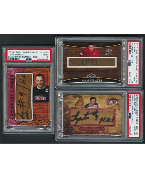 2016-17 Leaf Lumber Kings Hockey Cards #LLS23 Ted Kennedy Legendary Lumber (1/2)(PSA 9), #GS-03 Andy Bathgate Game-Used Stick (2/2)(PSA 10) and #NP-SA Sid Abel Nameplates (1/1)(PSA 9) - All Pop 1s   