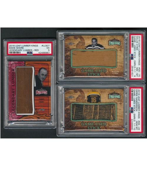 2016-17 Leaf Lumber Kings Hockey #LLS07 Eddie Shore Legendary Lumber (1/2)(PSA 5), #GS-24 Derek Sanderson Game-Used Stick (1/1)(PSA 10) and #GS-75 Willie ORee Game-Used Stick (1/1)(PSA 8) - All Pop 1