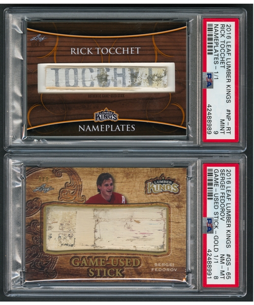 2016-17 Leaf Lumber Kings Hockey Cards #NP-RT Rick Tocchet Nameplates (1/1)(PSA 9) and #GS-65 Sergei Fedorov Game-Used Stick Gold (1/1)(PSA 8)