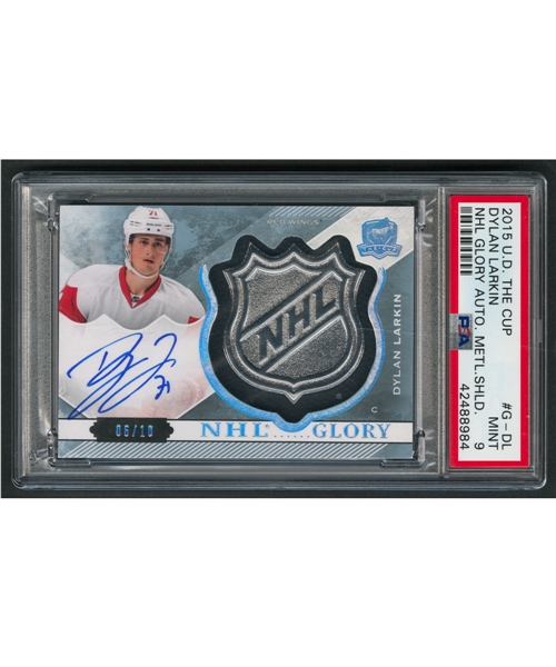 2015-16 Upper Deck The Cup NHL Glory Metal Shield Hockey Card #G-DL Dylan Larkin Autograph (06/10) - Graded PSA 9 - Pop 1