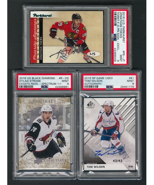 2016-17 UD Priority Signings #PS-JT Jonathan Toews Autograph (2/5)(PSA 9), 2016-17 Exquisite Rookies #R-DS Dylan Strome Spectrum (1/1)(PSA 9) and 2016-17 SP #81 Tom Wilson Autograph (43/43)(PSA 9)