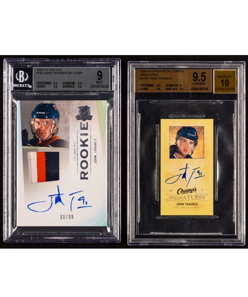 2009-10 Upper Deck The Cup Hockey Card #180 John Tavares Rookie Autograph/Patch (30/99)(Beckett 9) and 2009-10 UD Champs Signatures #CS-JN John Tavares (Beckett 9.5)