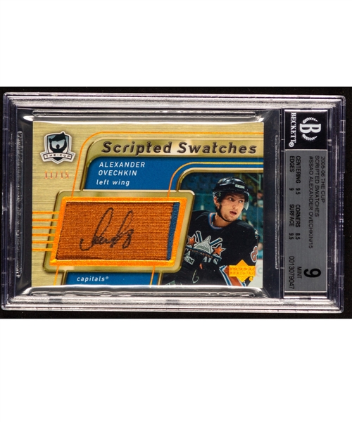 2005-06 Upper Deck The Cup Scripted Swatches Hockey Card #SS-AO Alexander Ovechkin Rookie Autograph/Patch (11/15) - Graded Beckett 9 - Highest Graded!