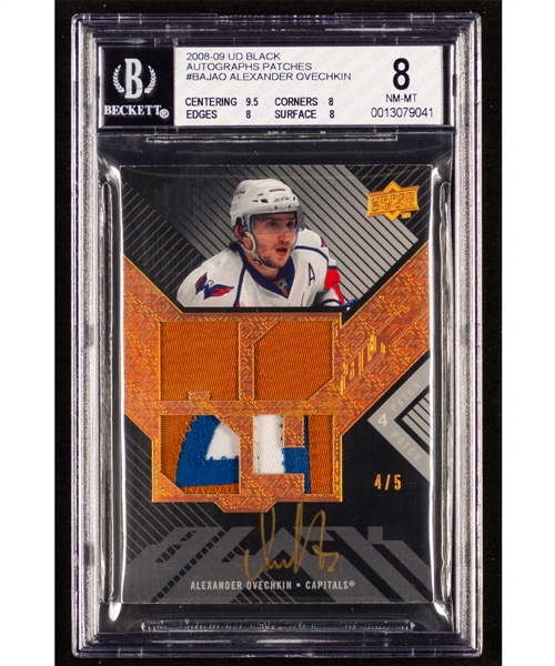 2008-09 Upper Deck Black Hockey Card #BAJ-AO Alexander Ovechkin Autograph/Patch (4/5) - Graded Beckett 8 - Highest Graded!