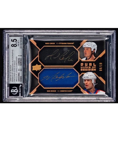 2008-09 Upper Deck Black Dual Marks of Obsidian Hockey Card #M02-LM Mario Lemieux/Mark Messier Autographs Patches Gold (6/10) - Graded Beckett 8.5 - Highest Graded!