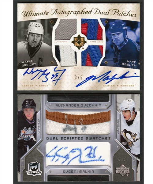 2008-09 Ultimate Collection Autographed Dual Patches Hockey Card #2UJ-GM Wayne Gretzky/Mark Messier (3/5) and 2006-07 The Cup Dual Scripted Swatches #DS-OM Alexander Ovechkin/Evgeni Malkin (3/5)