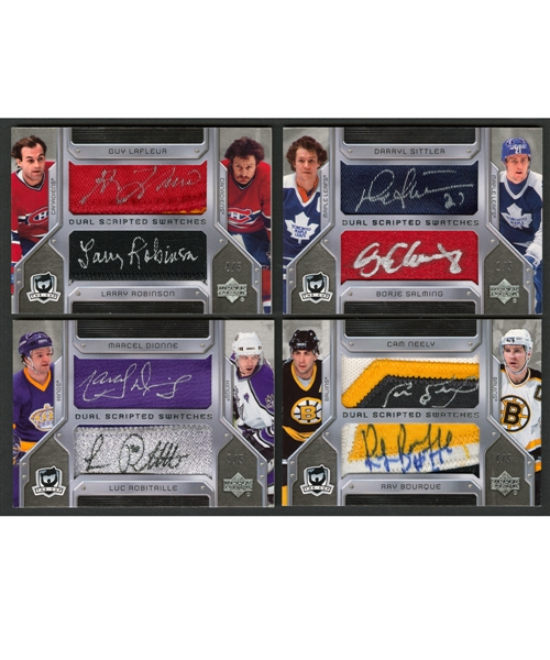 2006-07 Upper Deck The Cup Dual Scripted Swatches Hockey Cards (6) Including Lafleur/Robinson, Sittler/Salming, Dionne/Robitaille, Bourque/Neely, Stastny/Stastny and Thornton/Cheechoo - Each #/5
