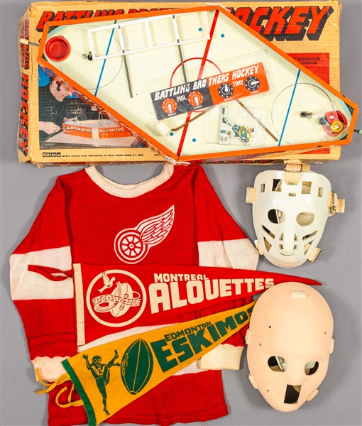 Vintage Jersey Collection (17) Including Many Montreal Canadiens Examples + Esposito Bros Hockey Game and Replica Goalie Masks 