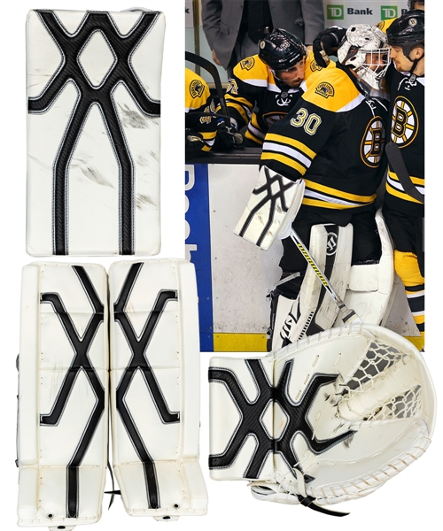 Tim Thomas 2011-12 Boston Bruins Game-Used Photo-Matched Playoffs Blocker Plus Used Glove and Worn Pads with His Signed LOA