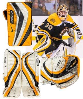 Tim Thomas 2008-09 Boston Bruins Bauer Game-Worn Pads & Blocker (Playoffs) and Game-Used Glove with His Signed LOA - All Photo-Matched! - Vezina and William M. Jennings Trophies Season!