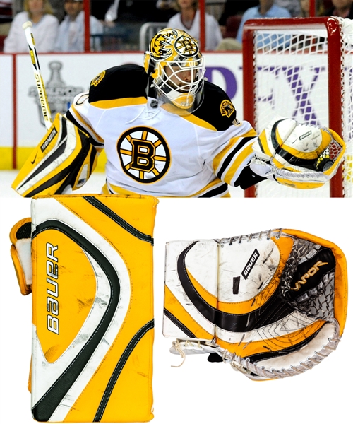 Tim Thomas 2008-09 Boston Bruins Photo-Matched Bauer Game-Used Playoffs Glove (Vezina and William M. Jennings Trophies Season) Plus Photo-Matched 2009-10 Game-Used Bauer Blocker with His Signed LOA